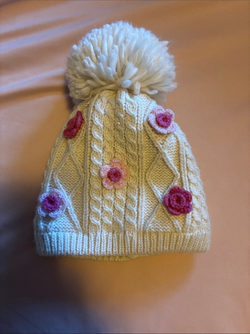 Place Cream Knit Pom Pom Hat with Pink Flower Appliqués
